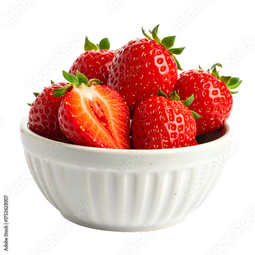 Fresh red strawberries fill a white bowl against a black background.