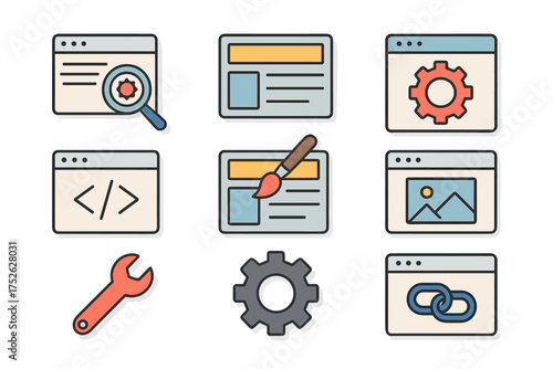 Flat web design & development icon set. Vector pictograms for page optimization, SEO, UI design, coding, programming, layout, settings, linking. Website & app interface elements.