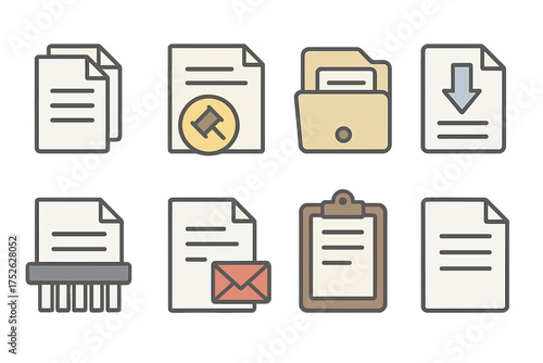 Documents icons set in flat style. Paperwork and documentation signs. Batch processing, legal document, archive, file download, shredder, mail attachment, clipboard concept.