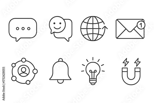 Digital communication line icon set. Editable stroke symbols for interaction, feedback, global reach, messaging, online presence, notifications, ideas, and marketing engagement.