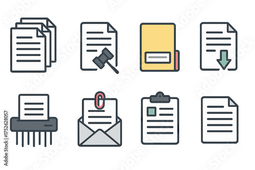 Documents icon set for paperwork and documentation. Flat style vector signs for legal papers, archive, file download, shredder, email attachment, clipboard, batch processing.