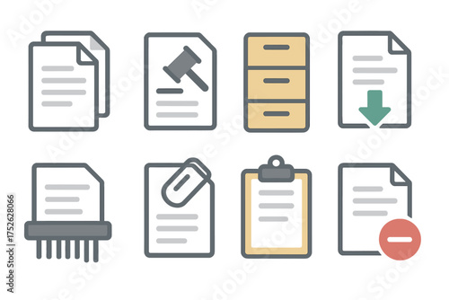 Documents icons set in flat style. Batch processing, legal documents, archive, file download, shredder, mail attachment, clipboard signs. Paperwork and documentation concept.