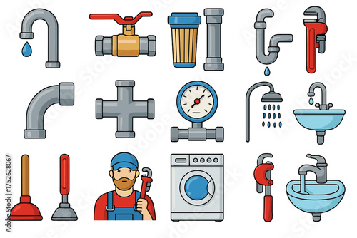 Plumbing tools and fixtures cartoon set with pipes, valves, wrenches, faucets, sink, shower, and plumber character in colorful vector illustration for repair and maintenance