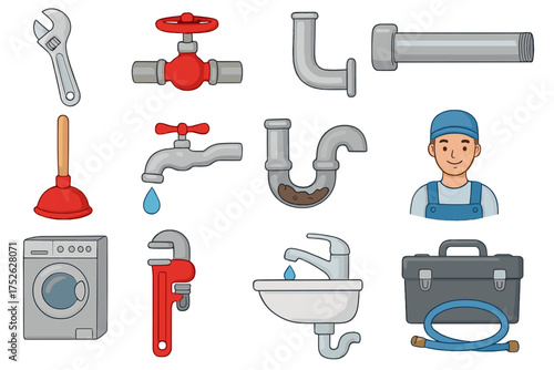 Plumbing tools and equipment cartoon icons set. Big collection of plumbing vector symbols with faucet, wrench, pipe, plumber, sink, hose, and toolbox. Plumbing work concept illustration.