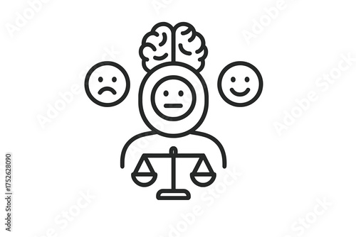 Emotional regulation and mental health balance icon. Mood awareness, psychological wellness, and self control concept. Vector illustration of brain, scale and emotions.