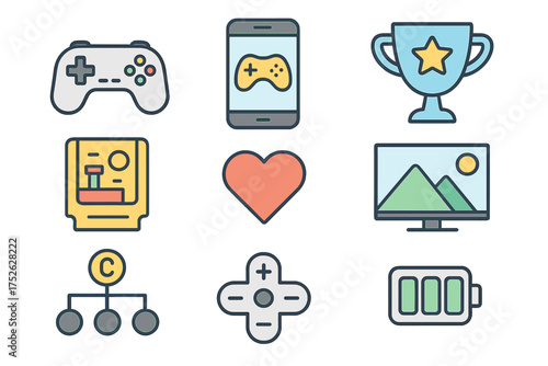 Video game icon set. Flat line color icons for mobile gaming, apps, websites. Computer game elements like gamepad, trophy, retro cartridge, d-pad, and battery pictogram.
