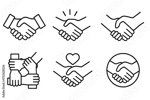 Handshake unity icon set. Thin line editable stroke icons for collaboration, support, agreement, teamwork, empathy, solidarity, mutual help, and partnership business vector.