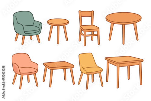 Furniture cute stickers isolated set. Collection of chairs and tables of different types. Stylish modern interior design for living room or dining room. Home decor illustration.