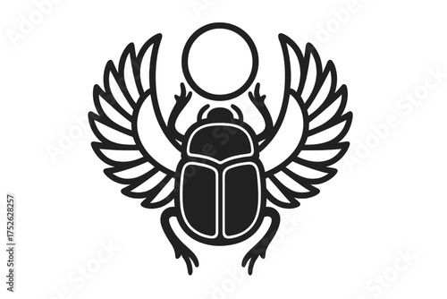 Scarab beetle silhouette with wings holding sun disc, ancient Egypt symbol, monochrome vector illustration, Egyptian mythology, sacred insect, spiritual icon, transparent background
