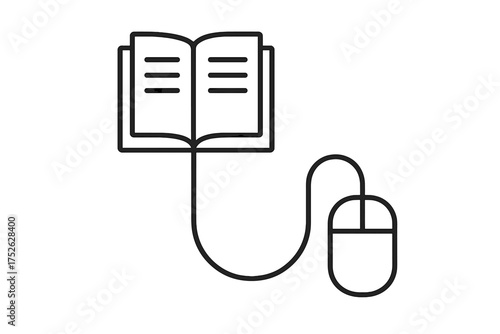 E-learning and online education concept with book and computer mouse icon. Thin line vector for digital library, audiobooks, online reading, study, knowledge, and information.