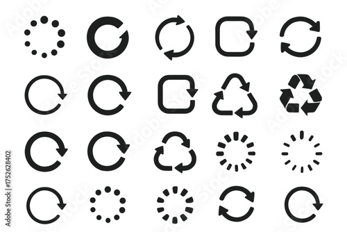 Loading, refresh, recycle icon set. Big collection of flat vector symbols. Circular arrows for update, sync, progress. Buffering, waiting, loop and rotation signs for UI design.