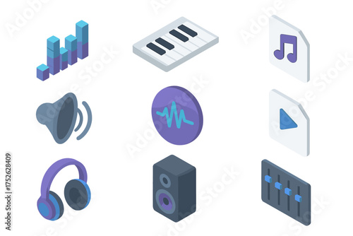 Music production 3D isometric icon set. Audio technology elements for web design. Pack with equalizer, piano, headphones, speaker, mixer, play button and sound wave vector icons.