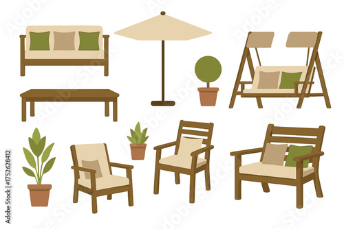 Outdoor furniture set. Garden patio furniture collection. Wooden sofa, armchair, table, swing, umbrella. Backyard relaxation, terrace decor. Home exterior elements vector pack.