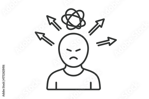 ADHD symptom icon. Overwhelmed person with scattered thoughts. Stress, anxiety, and focus issues metaphor. Mental health, psychology concept. Hyperactivity, burnout and chaos.