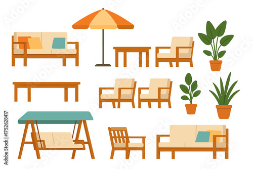 Outdoor furniture set flat vector illustration. Garden patio equipment collection with sofa, chair, table, swing, umbrella. Backyard home decor elements for summer relaxation.