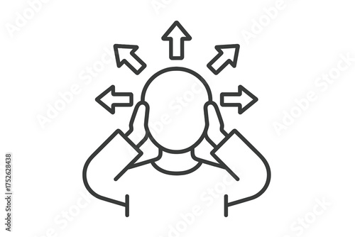 ADHD, focus issues, hyperactivity, sensory overload concept. Overwhelmed person with scattered arrows icon. Mental health, stress, anxiety. Thin line vector illustration.