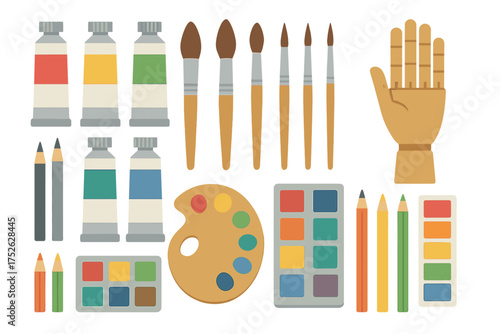 Artist painting tools and drawing equipment mega set in flat design. Vector bundle of watercolor paint tubes, brushes, pencils, artist palette, and wooden mannequin hand.