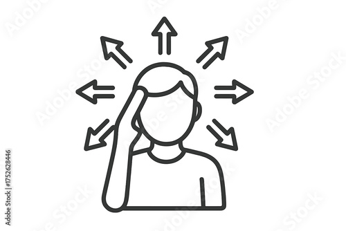 ADHD icon of an overwhelmed person with scattered arrows. A metaphor for focus issues, hyperactivity, anxiety, and multitasking stress. Information overload and decision fatigue concept.
