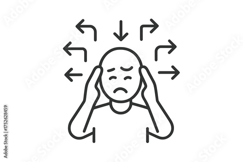 ADHD icon, overwhelmed person with anxiety & stress. Sensory overload & focus issues. Mental health, burnout, hyperactivity concept. Confused man. Thin line vector illustration.