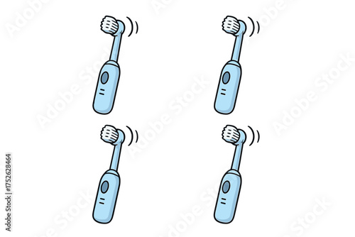 Electric toothbrush set in cartoon style with vibrating brush heads isolated on white background, dental hygiene tool vector illustration for oral care and cleaning concept