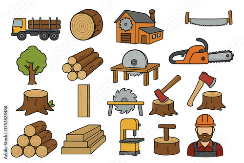 Cartoon style woodworking and lumber tools icons set, vector illustration with tree, logs, sawmill, saw blades, axes, saws, woodworker and timber equipment collection with transparent background