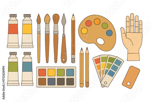 Painting tools mega set. Flat design artist supply bundle with watercolor, acrylic paint, brushes, pencils, palette, color swatch, and mannequin hand. Vector kit for drawing.