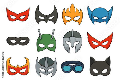 Cartoon Style Toy Masks Set. Big Collection of Colorful Vector Icon Symbols. Superhero, Fantasy, Animal, and Medieval Helmets with Transparent Background. Fun Costume Accessories