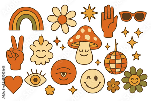 Vintage groovy flat graphic design elements collection with rainbow, daisy flower, sun, peace gesture hand, stars, sunglasses, mushroom, all-seeing eye, disco ball, heart symbols in retro style