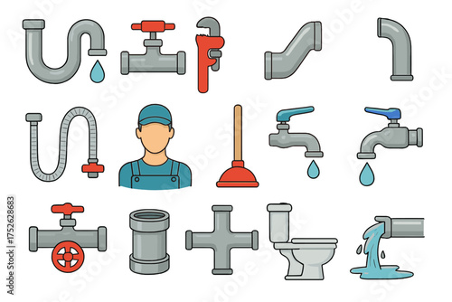 Plumbing tools and fixtures cartoon style set, including pipes, faucets, plumber, plunger, toilet, water drops, wrench, and pipe fittings vector illustration with transparent background
