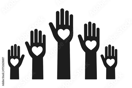 Raised helping hands with hearts icon. Vector graphic for volunteering, charity, voting, and assistance. Concept of community, unity, support, donation, love, and social work.