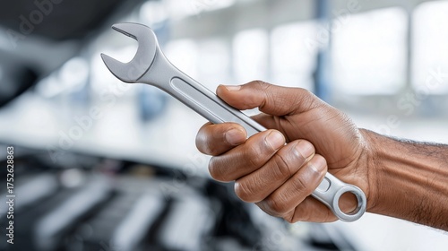 Wallpaper Mural Mechanic's hand holding wrench in front of car hood inside modern auto service center,copy space. Torontodigital.ca