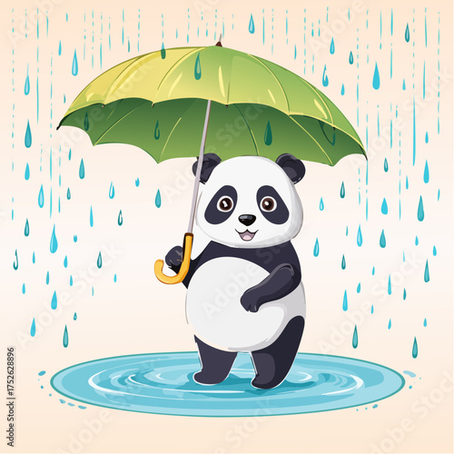 Cartoon Panda Under Umbrella in Rain Puddle Illustration