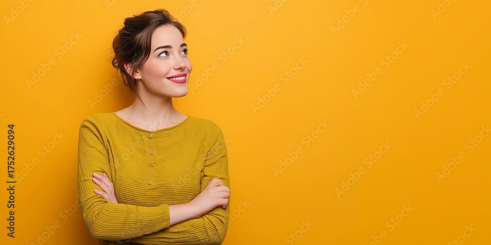 Obraz premium Model's head raised and looking forward,smiling,arms crossed,copy space,yellow background,banner