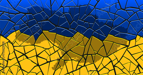Vector wide political banner. Shattered Ukrainian flag. Cracks and small pieces. Mosaic blue yellow symbol of Ukraine. Gray spot in form of map of country