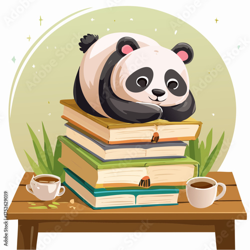 An adorable cartoon panda peacefully napping atop a towering stack of colorful books, enjoying a tranquil moment of rest with warm beverages on a rustic wooden table