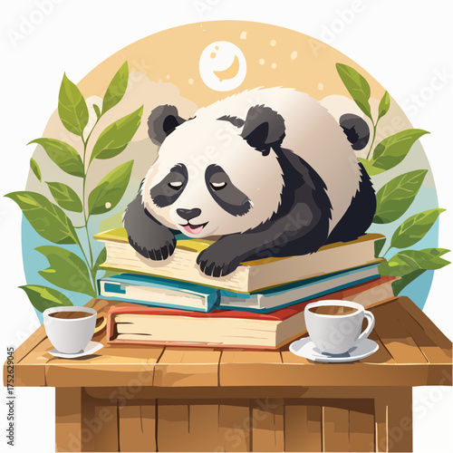 Cute Panda Resting on Books with Coffee, a Peaceful Scene for Reading and Relaxation