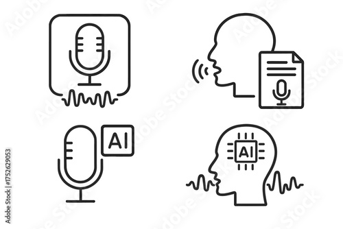 Speech and voice recognition thin line icon set. Advanced AI voice technology, text to speech, and sound wave symbols. Virtual assistant and audio command graphic elements.