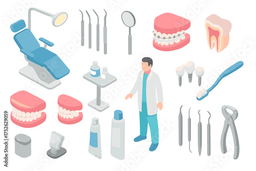 Dentistry isometric 3d vector icon set. Stomatology and dental care graphic design elements. Collection of dentist, patient chair, braces, implants, dentures, and medical tools.