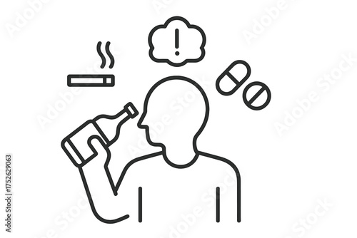 Substance abuse icon. Vector line art of addiction, unhealthy habits, and mental health risk. Person consuming alcohol, drugs, and smoking cigarettes. Dependence problem concept.