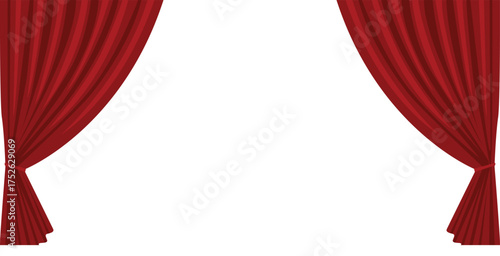 Red velvet theater curtains open wide, framing a white space.