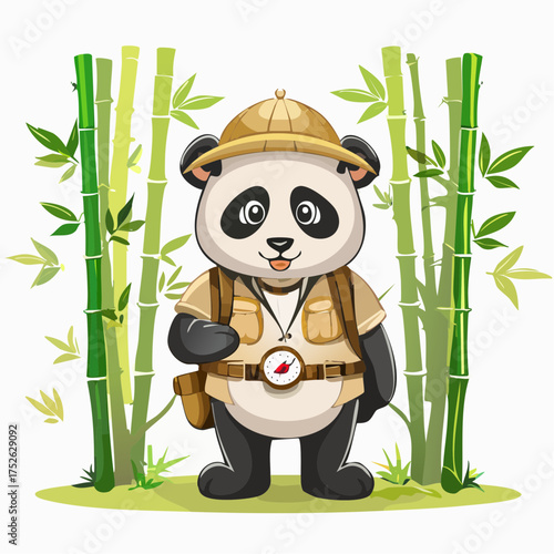 Cute Cartoon Panda Explorer Dressed in Safari Outfit, Ready for Adventure Amidst Bamboo Forest Scenery