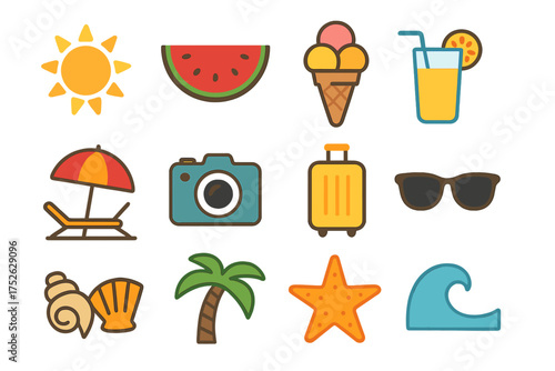 Summer vacation icon set. Flat design vector graphic elements for travel and holiday. Includes sun, beach, food, and recreation symbols like palm tree, ice cream, and camera.