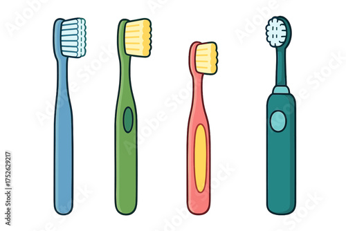 Toothbrushes collection flat cartoon design. Different types and colorful toothbrush set isolated elements for dental hygiene, mouth cleaning, oral care tools, health concept