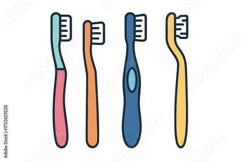 Colorful toothbrush collection in flat cartoon style, various types and vibrant colors, dental hygiene tools for mouth cleaning, isolated set of oral care brushes