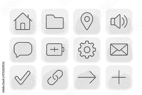 User Interface Icons Set Glassmorphic Style. Outline Pictograms of Home, Folder, Location Pin, Audio, Chat, Battery Charge, Settings Gear, Email, Check Mark, Link Chain, Right Arrow, Plus Symbol