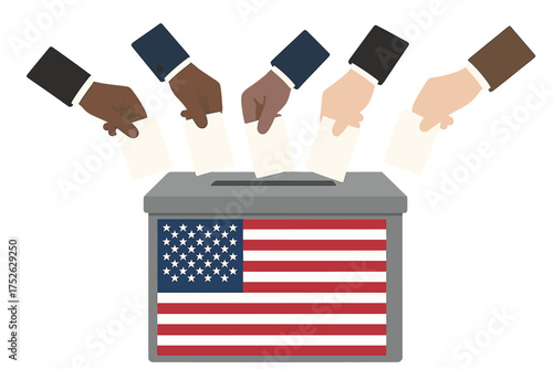 Diverse hands casting ballots in USA voting box, American democracy election concept, United States 2026 presidential vote vector illustration, civic participation
