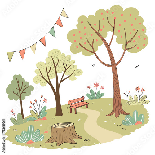 Whimsical watercolor park with bunting trees, cozy bench, and giant stump- hand-painted cartoon landscape
