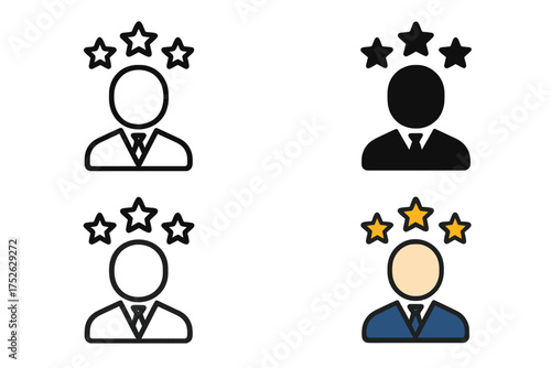 Vector icon in four styles showing person with three stars above head for employee of the month, loyalty rewards, premium subscription or customer rating, business evaluation symbol