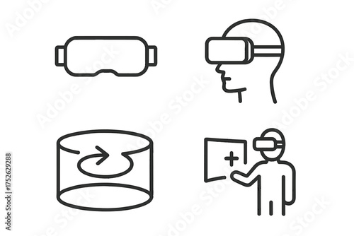 Virtual reality VR glasses icon bundle. Outline vector symbols of VR headset, virtual simulation, 360 panoramic view, interactive gaming, immersive experience, digital technology concept.