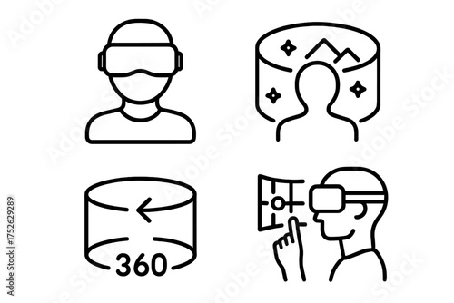 Virtual reality headset icons bundle, VR glasses, immersive virtual simulation, 360 panoramic view, interactive VR game concept, technology and digital experience vector outlines